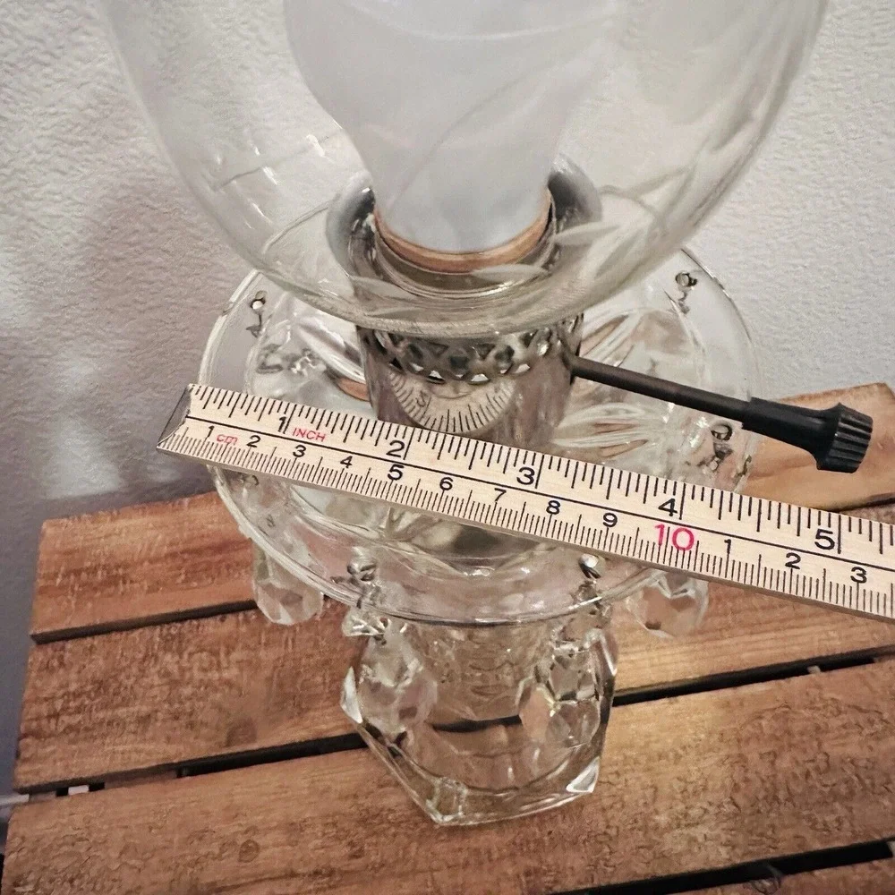 VINTAGE GLASS ROUND HURRICANE TABLE LAMP‎ WITH CRYSTAL PRISMS